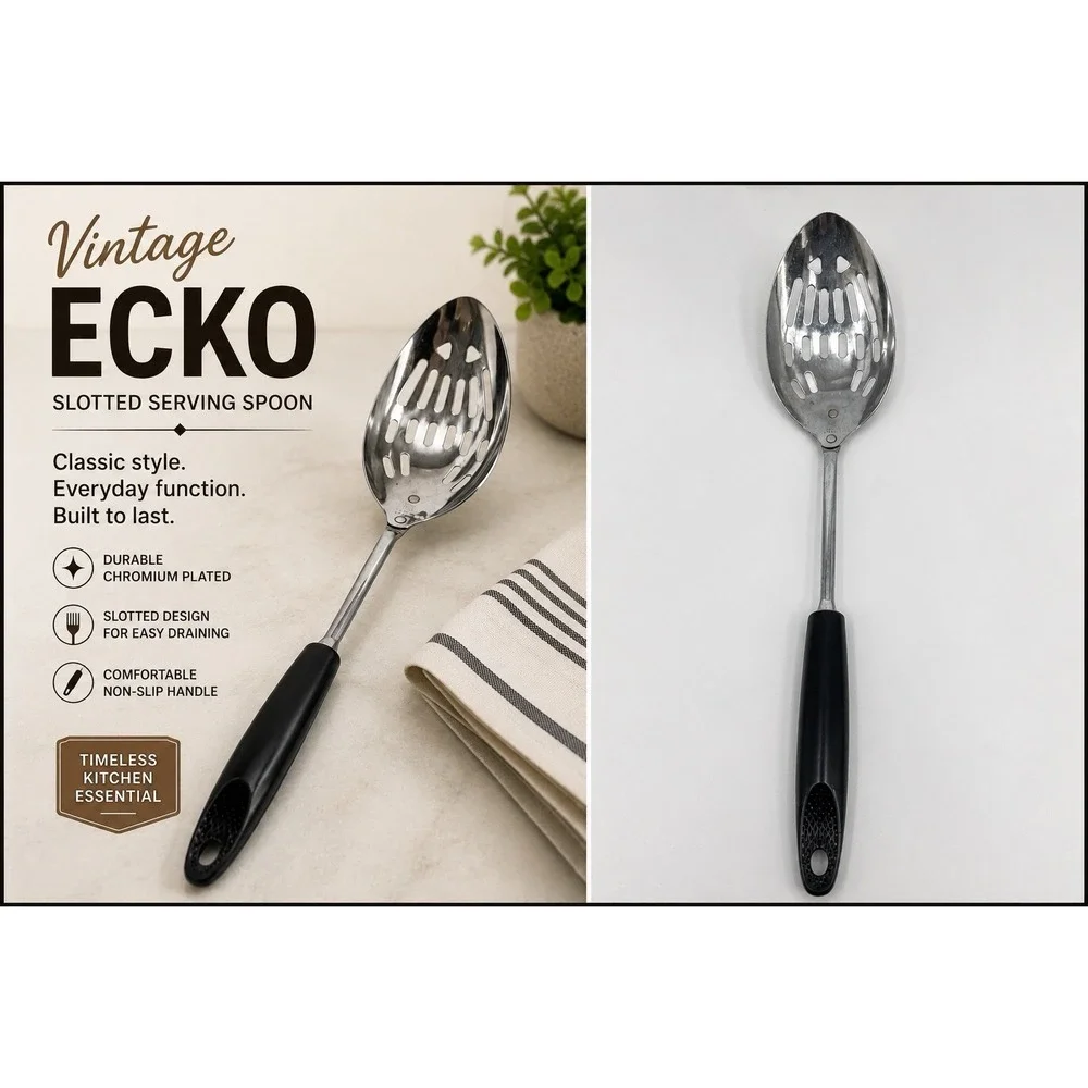 Vintage Ecko Chromium Plated Slotted Serving Spoon USA Retro Kitchen Cooking